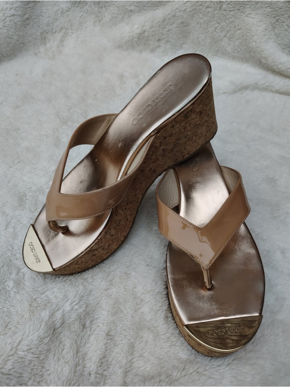 Jimmy Choo Pathos Patent Leather Platform Cork Wedge Thong Sandals Nude Size 37.